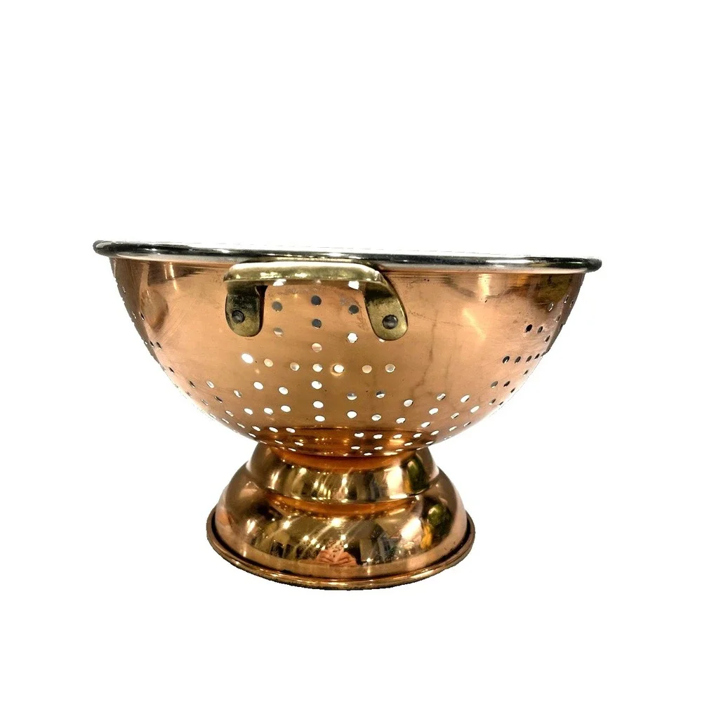Vintage Solid Korean Copper Colander Footed Strainer Brass Handles Farmhouse 9